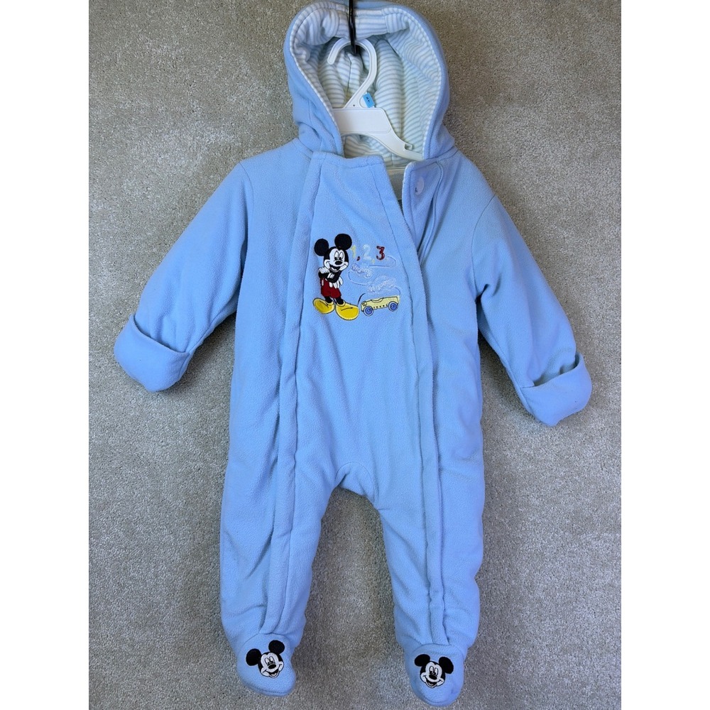 Disney Baby Fleece Pram Suit Baby Boy 6-9M Blue Mickey Mouse Hooded Bunting